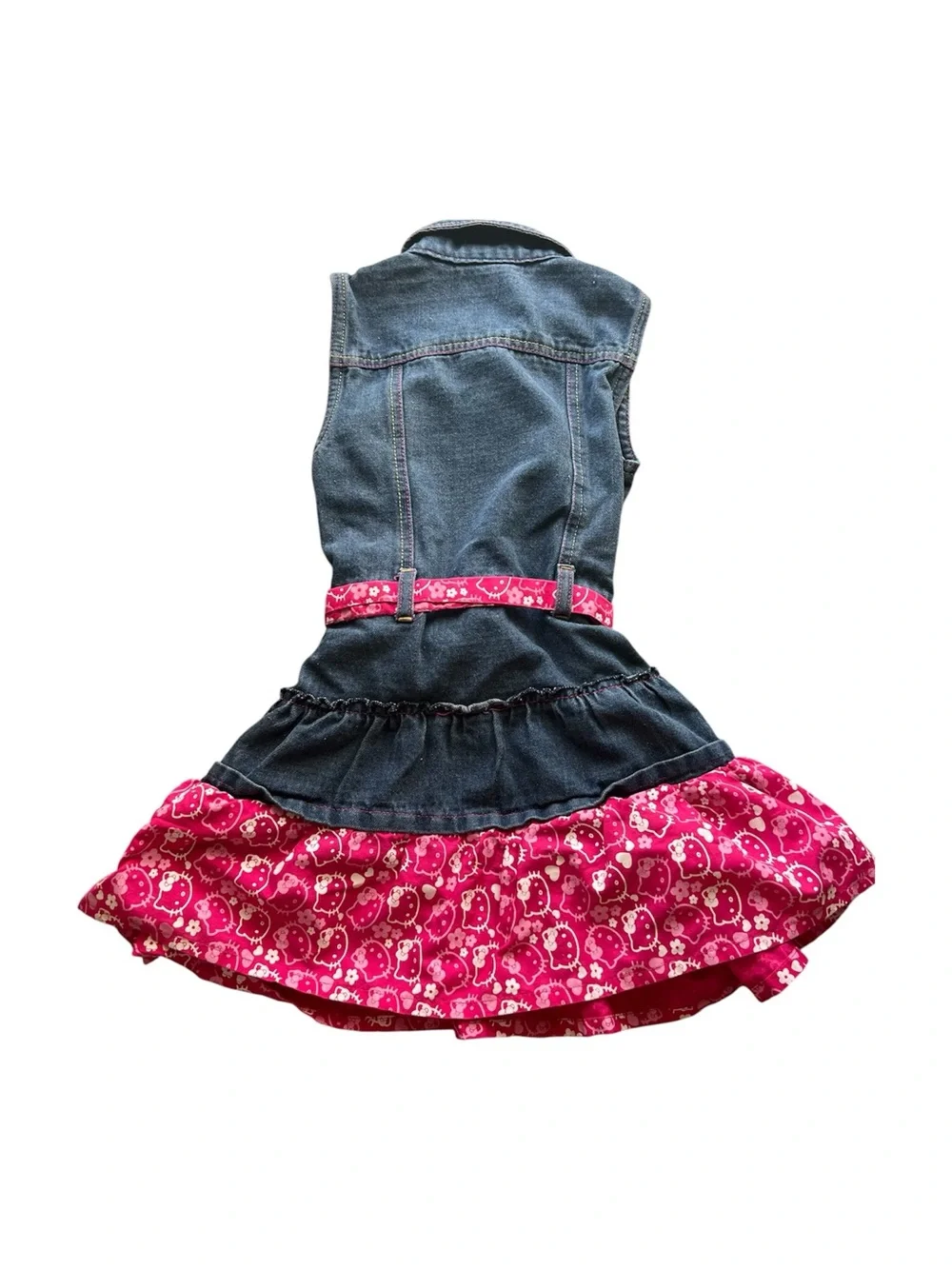 Sanrio Hello Kitty Denim Dress Girls SZ 6 Ruffle Hem Pink Belt Kawaii y2k